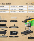 Steady As Can Be Benchtop Mini Drill Press With Quick Grip Vise For Straight Up Precise 0.6 To 6.35mm Chucking, showing components and specifications.