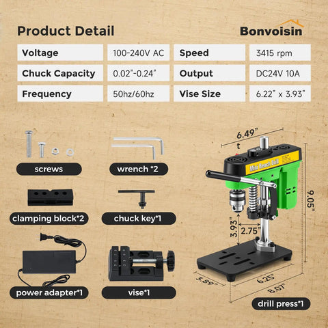 Steady As Can Be Benchtop Mini Drill Press With Quick Grip Vise For Straight Up Precise 0.6 To 6.35mm Chucking, showing components and specifications.