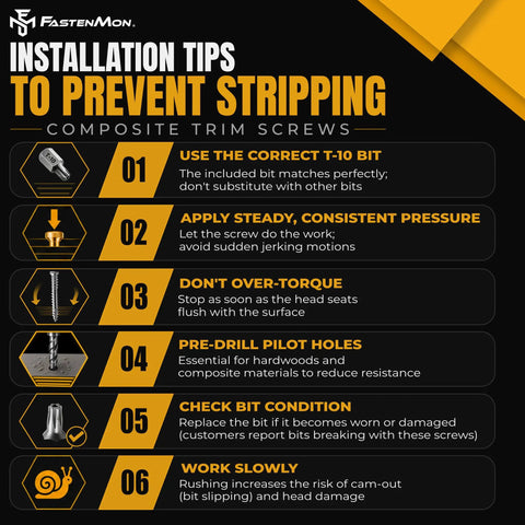 Installation tips for Heavy Duty 304 Stainless Steel Trim Screws For Composite Fencing And Deck Boards Size 8 By 1.5 Inch.