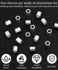 50 Pack Top Shelf Aluminum Wire Rope Sleeves 3/16 Inch Crimping Cable Ferrules, aluminum tubes on black background.