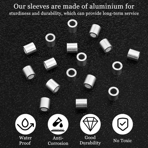 50 Pack Top Shelf Aluminum Wire Rope Sleeves 3/16 Inch Crimping Cable Ferrules, aluminum tubes on black background.