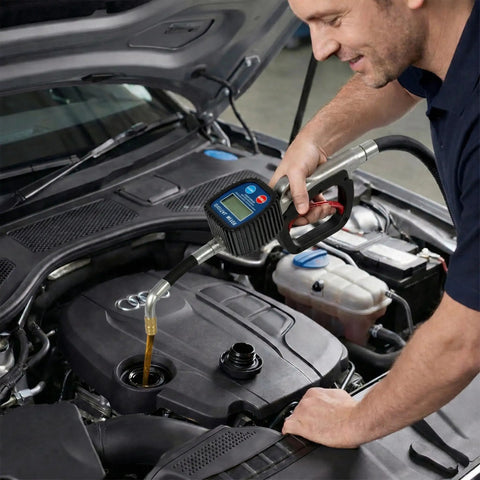 Heavy Duty Workhorse Three To One Air Operated Oil Pump Kit Featuring Digital Meter Gun pouring oil into an engine.