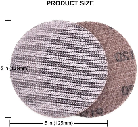 Get Your Hands On 30pcs Of The Dopest 5 Inch Mesh Sanding Discs With Hook Loop Back That Stay Cool And Clog-Free For Super Smooth Dust Free Grinding Plus Polishing Jobs At A Sweet 180grit Speed. Close up of 5 inch mesh sanding discs with dimensions.