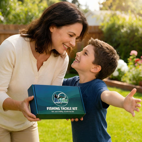 Mother and son smiling while holding Starter Bass Fishing Tackle Kit For Kids And Beginners With 75 Pieces No Junk Fillers Lures.