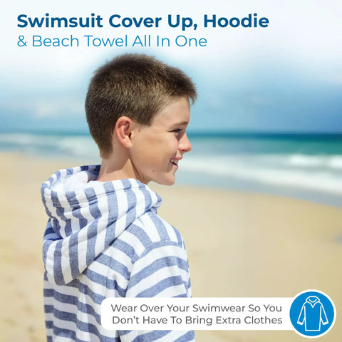 Child on beach wearing Ultra Soft Turkish Cotton Kids Bathrobe And Hooded Towel Poncho With Zip Up, Terry Lining And Pockets