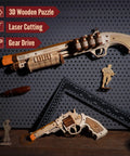 3D Wooden Puzzle Rubber Band Gun Kit For Adults And Teens Buildable Toy Shotgun Model, Challenging Wood Craft Project, Dope Hobby For Men And Women, Quick 1.5 Hour Assembly And Firing Action. wooden rubber band shotgun model on pegboard with extra parts
