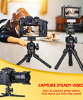 Do-It-All Travel Tripod Kit With One Quarter Inch Screw Adapter For Recording And Vlogging Includes Phone Clip Action Cam Adapter iPhone Vlogging Stand And 360 Degree Ball Head For Rock-Solid Flexible Shots showing dual setup with DSLR and smartphone, capturing a child with a toy plane, emphasizing versatility.