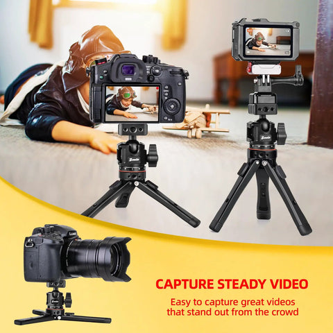 Do-It-All Travel Tripod Kit With One Quarter Inch Screw Adapter For Recording And Vlogging Includes Phone Clip Action Cam Adapter iPhone Vlogging Stand And 360 Degree Ball Head For Rock-Solid Flexible Shots showing dual setup with DSLR and smartphone, capturing a child with a toy plane, emphasizing versatility.