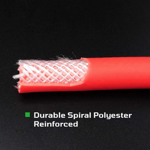 Close-up of Smooth Operator Truck Tire Inflator Kit air hose showing durable spiral polyester reinforcement and cut end.