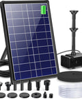8W Solar Fountain Pump with 3600mAh Battery Backup, solar panel, pump unit, 5ft tubing, and 5 nozzles for garden pond or bird bath