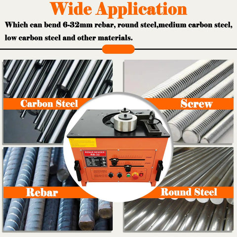 Built Tough Electric Rebar Bender Cutter, 3000W Hydraulic Steel Bar Bending Machine For 1/4 To 1 Inch displaying various steel types.