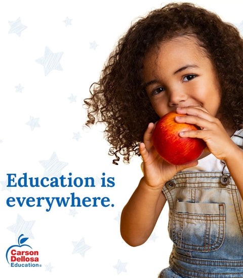 Child holding apple with blue stars and text 'Education is everywhere.'