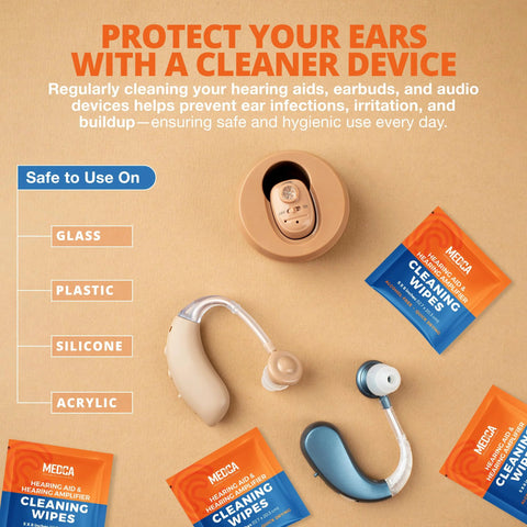 Hearing Aid Cleaning Wipes by Amazon, 100 alcohol-free, individually wrapped wipes for hearing aids.
