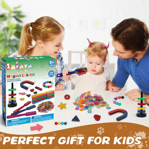 Family playing with 228 Piece Magnetic Science Kit For Kids With Magnetic Balls Chips And Wands 7 Shaped Magnets And Post With Rings.
