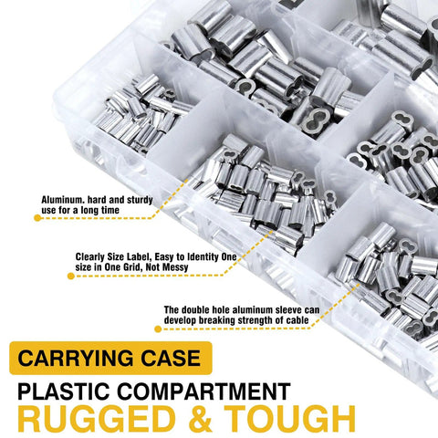 325 Piece Aluminum Wire Rope Ferrule Kit With Crimping Loop Sleeves in a labeled plastic compartment case