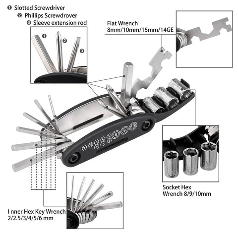 16 In 1 Bike Repair Kit with 3 Tire Levers 5 Tire Patches Tire Rasp Hex Wrenches 8 9 10 mm Slotted Phillips Screwdrivers