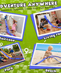 Four scenes showing Flexible 15Ft Race Car Track for Kids Dope Roll Up Portable Racetrack with 4 Cars and Suction Cups in use.