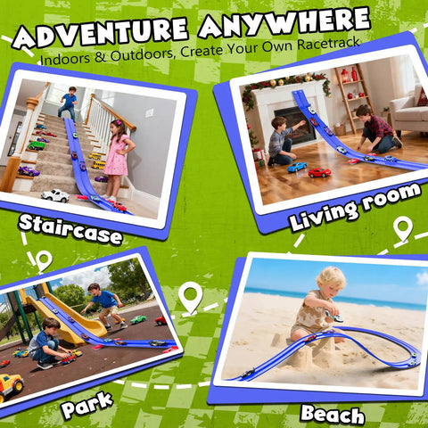 Four scenes showing Flexible 15Ft Race Car Track for Kids Dope Roll Up Portable Racetrack with 4 Cars and Suction Cups in use.
