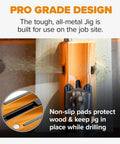 Pro Compact Pocket Hole Jig Kit With Auto Adjusting Drill Guide, Durable Woodworking Jig shown with wood and drill in use
