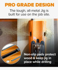 Heavy Duty Aluminum Pocket Hole Jig Kit With Auto Calibrating Clamp System And Fifty Premium Wood Screws For Knockout Furniture Joinery Right Out The Box Includes Square Drill Bit And Stop Collar Built Solid showing non-slip pads and metal design.