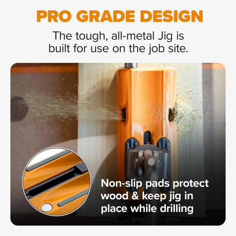 Heavy Duty Aluminum Pocket Hole Jig Kit With Auto Calibrating Clamp System And Fifty Premium Wood Screws For Knockout Furniture Joinery Right Out The Box Includes Square Drill Bit And Stop Collar Built Solid showing non-slip pads and metal design.