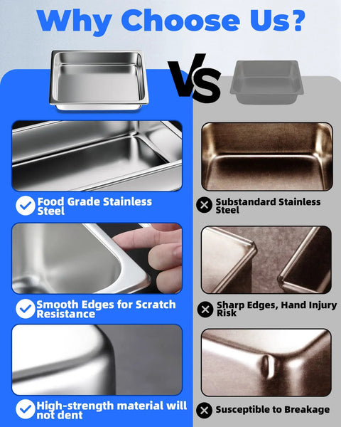 Comparison of full size one by one steam table pans with focus on stainless steel quality and edges