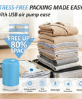 Rechargeable Cordless Vacuum Storage Bags with USB Pump for Travel, showing stacked clothes in luggage for space saving.