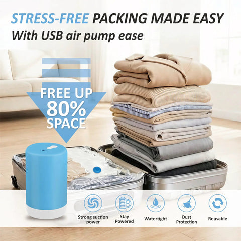 Rechargeable Cordless Vacuum Storage Bags with USB Pump for Travel, showing stacked clothes in luggage for space saving.