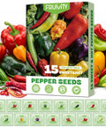 15 Sweet And Hot Pepper Seeds Variety Pack Non GMO Heirloom Garden Seeds box with various pepper illustrations