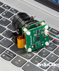 Turn Your 12.3MP IMX477 HQ Camera Into USB Webcam With This CSI To USB UVC Adapter Board For Raspberry Pi And More No Driver Install Needed Plug And Play Ready Great For Laptops PCs Android Devices shown installed on a laptop keyboard.