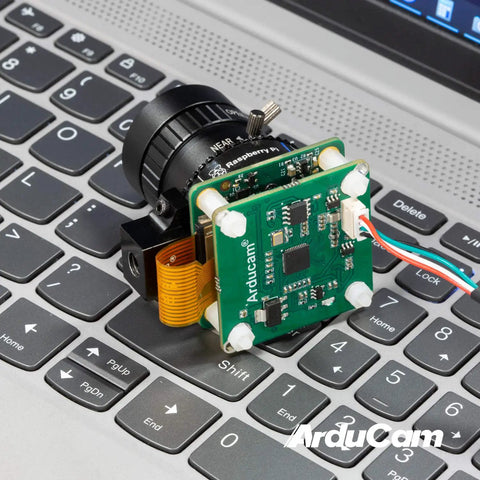 Turn Your 12.3MP IMX477 HQ Camera Into USB Webcam With This CSI To USB UVC Adapter Board For Raspberry Pi And More No Driver Install Needed Plug And Play Ready Great For Laptops PCs Android Devices shown installed on a laptop keyboard.