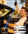 Man using 87W Retractable Car Charger With 4 In 1 Fast USB C Charging Hub in convertible, showing smooth cable retraction.