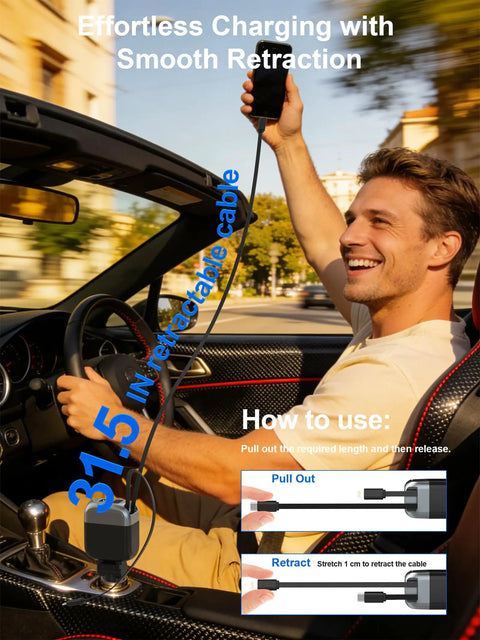 Man using 87W Retractable Car Charger With 4 In 1 Fast USB C Charging Hub in convertible, showing smooth cable retraction.