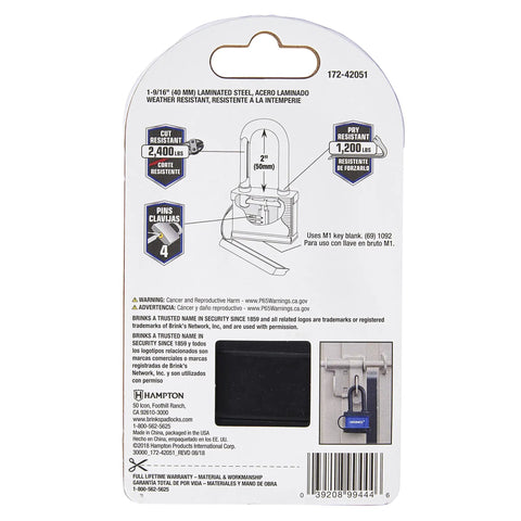 Back of packaging for 40mm Laminated Steel Weather Resistant Padlock With 2 Inch Shackle Vinyl Wrapped Chrome Plated Hardened Steel Body