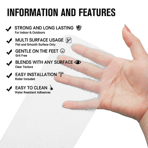 Hand holding clear no slip stair treads for indoors anti slip tape for wood floors easy peel and stick grips.