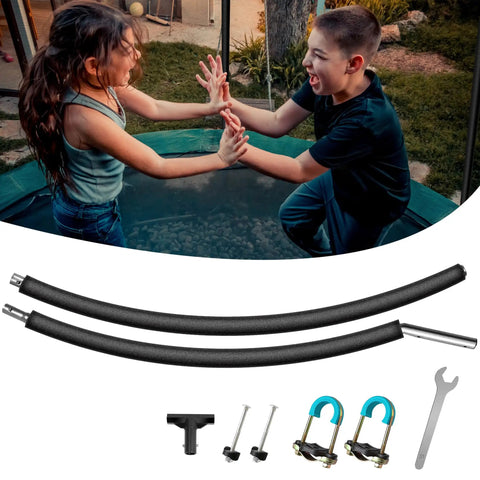 Pro Grade Curved Trampoline Replacement Poles for 8 to 16 Ft Frames with children playing on trampoline.
