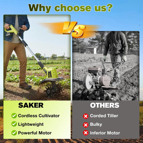 22V Cordless Garden Tiller Cultivator For Soil Preparation And Weeding Lightweight Rototiller With 9 Inch Tilling Width And Six Point Three Inch Depth Dual Batteries Versus Traditional Tiller