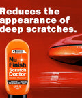Two Piece Exterior Car Care Kit That Buffs Out Scratches And Delivers A Showroom Shine With Scratch Doctor Clear Coat Scratch Remover bottle beside car scratches