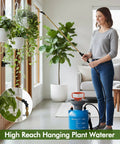 Woman using Telescoping Indoor Plant Waterer With Pump Sprayer Brass Wand And 180 Degree Adjustable Nozzle For Hanging Baskets