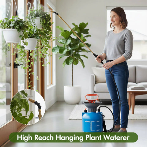 Woman using Telescoping Indoor Plant Waterer With Pump Sprayer Brass Wand And 180 Degree Adjustable Nozzle For Hanging Baskets