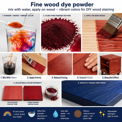 Top Shelf Concentrated Wood Stain Colors Set With Nine Hella Strong Dyes Including Navy Blue And Rose Red No Sweat Water Mix Powerhouse For Furniture Finish Work That Delivers Serious Bang For Your Buck On Every Diy Project: Color mixing process with dye powder, water, and application on wood.