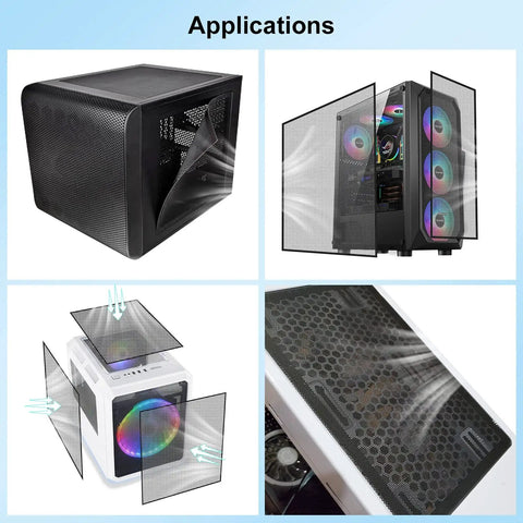 Easy Install 50Cm Square PVC Dust Filtration Mesh Cover For Computer Case And Fans With Magnetic Strip 1Mm Holes For Maximum Airflow installed on various PC cases and fans.