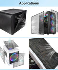 Applications of 2 Pack DIY Dust Filter Mesh Covers For PC Case And Fans With Magnetic Strip, showing placements on computer cases.