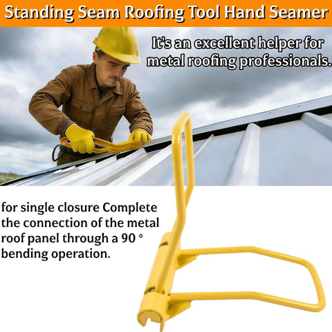 Worker using 90 Degree Vertical Seam Locking Tool For Metal Roof Panels Hand Seamer with yellow handles on a metal roof.