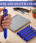 Holding a 10 In 1 Multicolor Retractable Ballpoint Pens Set With 0.7mm Tips Navy Blue Barrel Includes Black Blue Red Orange