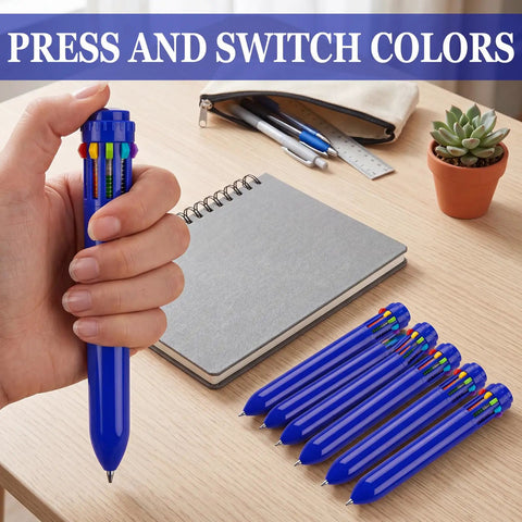 Holding a 10 In 1 Multicolor Retractable Ballpoint Pens Set With 0.7mm Tips Navy Blue Barrel Includes Black Blue Red Orange