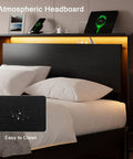 Sick Queen Floating Bed Frame With LED Lights And DC Charging Ports, Hidden Toe Guard Base, Built In Storage Headboard, Atmospheric headboard detail with LED lighting.
