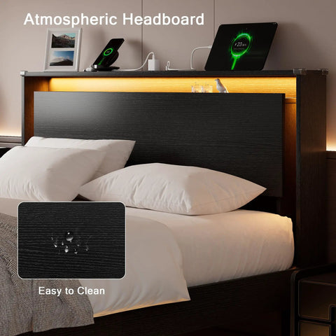 Sick Queen Floating Bed Frame With LED Lights And DC Charging Ports, Hidden Toe Guard Base, Built In Storage Headboard, Atmospheric headboard detail with LED lighting.