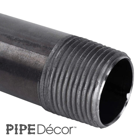 Close-up of Black Steel Plumbing Pipe 3/4 Inch By 18 Inch for DIY furniture projects, threaded end detail, industrial style decor.