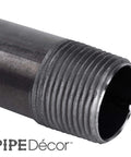 Close-up of a threaded end of a Three Quarter Inch By Ten Inch Black Steel Pipe from a four pack for DIY rustic industrial projects.